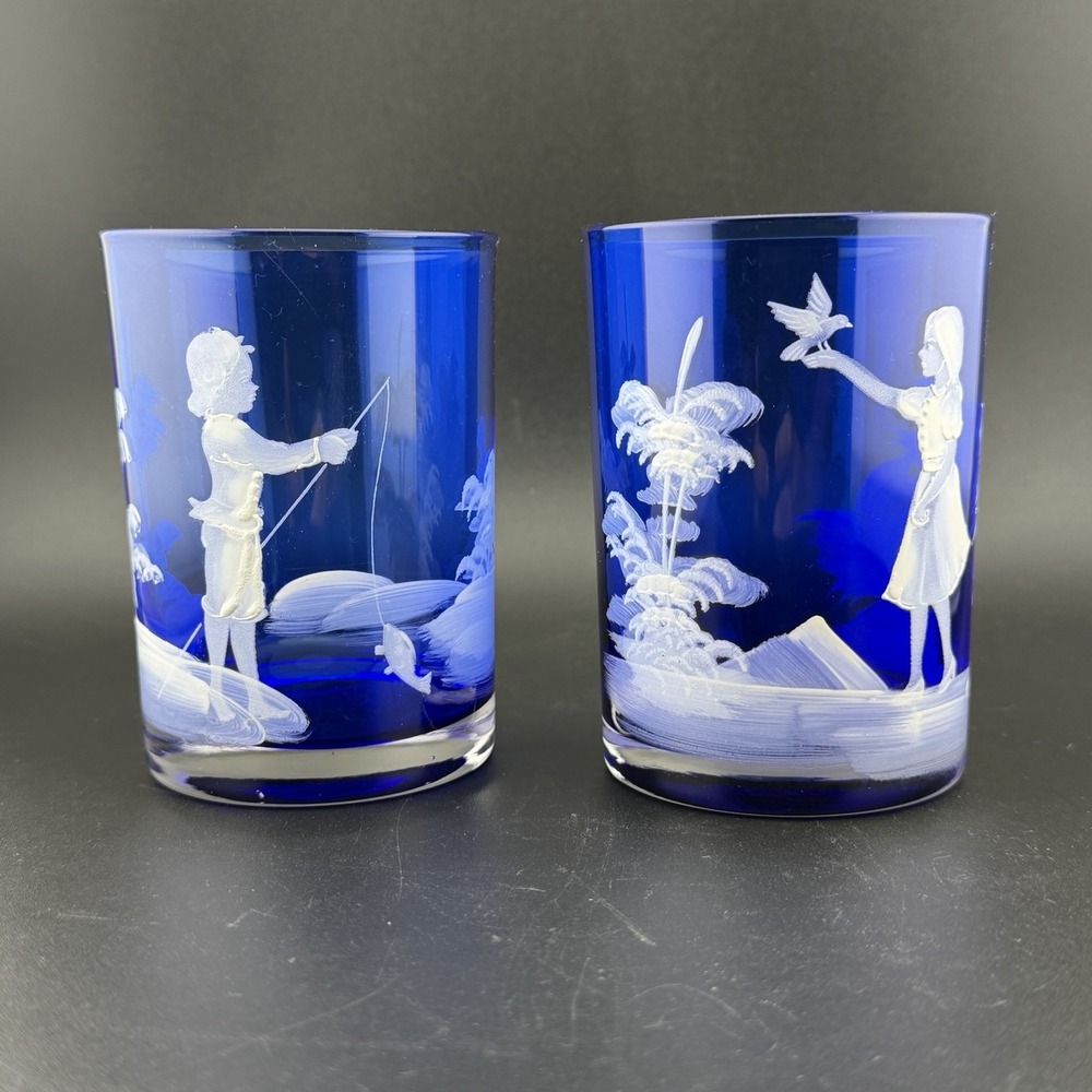 Fenton Mary Gregory Cobalt Blue Glass Tumbler Set 2 Vintage Etched Boy Girl 4"